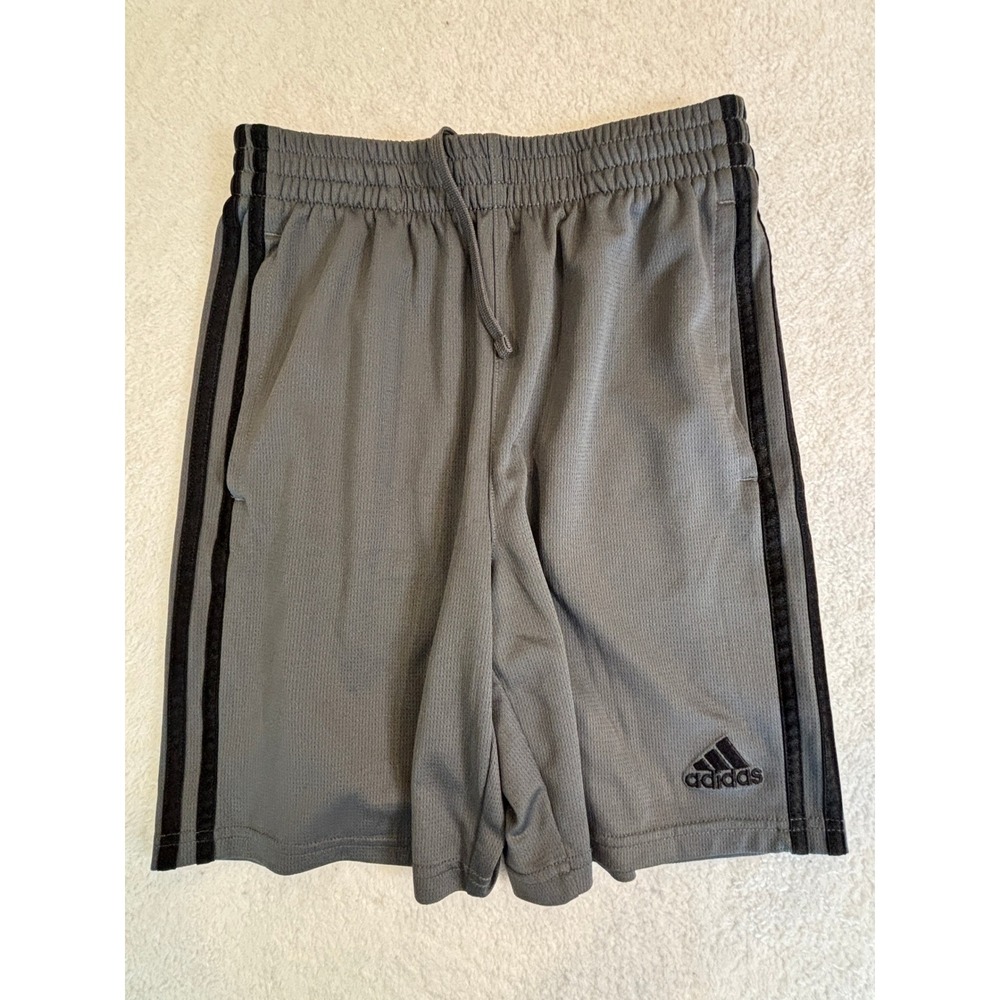 Adidas Boys Grey Mesh Athletic Shorts Black 3-Stripe Size Medium 10/12